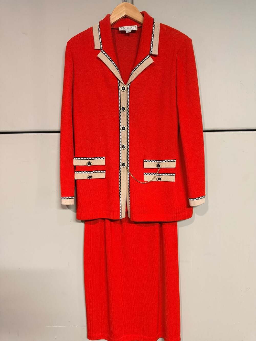 St. John by Marie Gray Red Knit Skirt Suit, Beige/Black Trim w/ Gold Chain